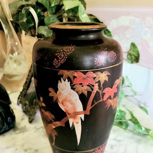 Japanese Black Lacquer Over Wood Vase with Gold Painted Scene - Ruby Lane