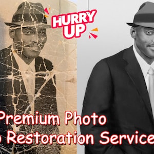 Op de afbeelding: Een voor- en na-afbeelding die een fotorestauratieservice laat zien. De afbeelding aan de linkerkant is een vervaagde, gebarsten zwart-witfoto van een man met een hoed en pak. De afbeelding aan de rechterkant is een gerestaureerde versie van de foto, die een heldere, scherpe afbeelding van de man laat zien.