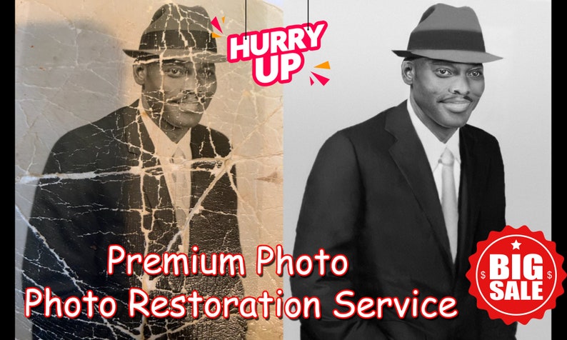 Op de afbeelding: Een voor- en na-afbeelding die een fotorestauratieservice laat zien. De afbeelding aan de linkerkant is een vervaagde, gebarsten zwart-witfoto van een man met een hoed en pak. De afbeelding aan de rechterkant is een gerestaureerde versie van de foto, die een heldere, scherpe afbeelding van de man laat zien.