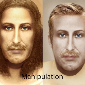 Op de afbeelding: Een vergelijking van twee afbeeldingen van een man naast elkaar. De afbeelding links toont een man met lang bruin haar en een snor. De afbeelding rechts toont dezelfde man met korter, lichter haar en een snor. De tekst "Manipulation" verschijnt onder de afbeeldingen.
