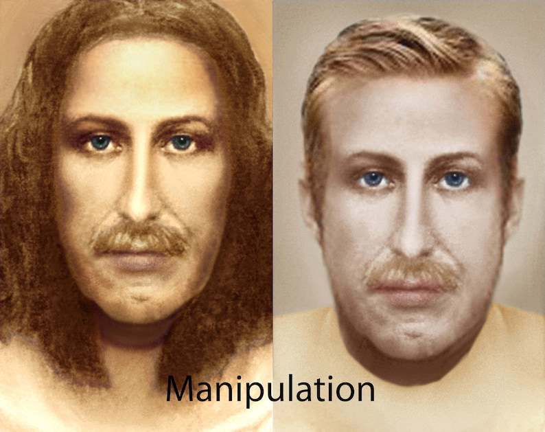 Op de afbeelding: Een vergelijking van twee afbeeldingen van een man naast elkaar. De afbeelding links toont een man met lang bruin haar en een snor. De afbeelding rechts toont dezelfde man met korter, lichter haar en een snor. De tekst "Manipulation" verschijnt onder de afbeeldingen.