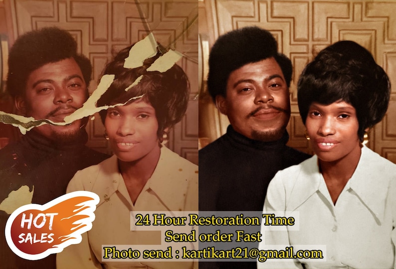 Op de afbeelding: Een gerestaureerde vintage foto van een stel. De man draagt een donker coltrui en de vrouw draagt een wit overhemd met kraag. De afbeelding is vervaagd en heeft wat schade. De tekst op de afbeelding luidt "24 Hour Restoration Time Send order Fast Photo send: kartikart21@gmail.com".