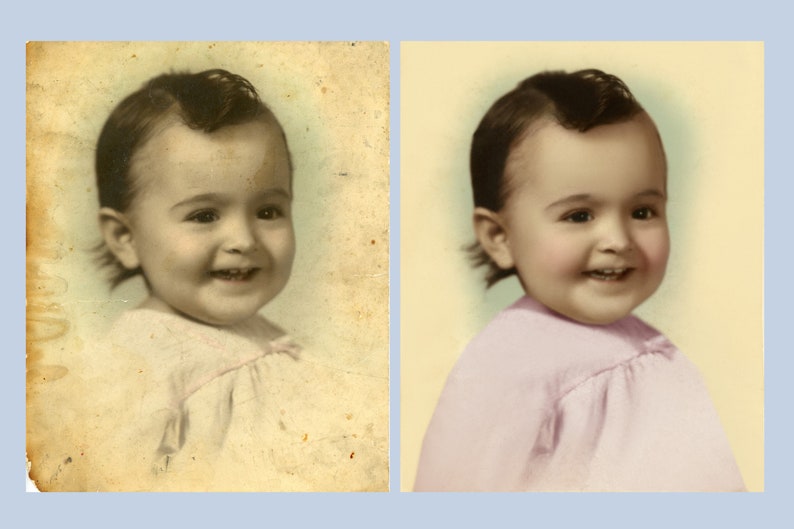 Op de afbeelding: Een gecoloriseerde foto van een jong kind dat lacht, met een roze jurk aan. De originele foto is vervaagd en heeft zichtbare ouderdomsvlekken.