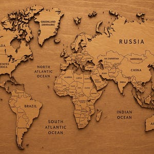 May include: A detailed wooden world map, laser-cut with country outlines and ocean names. The map is a warm brown color, with the names of countries and oceans clearly labeled. A decorative piece for home or office.