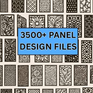 Könnte beinhalten: Eine Sammlung von schwarz-weißen Panel-Designs mit verschiedenen Mustern, darunter Blumen-, geometrische und abstrakte Formen. Das Bild zeigt den Text "3500+ PANEL DESIGN FILES" und ist kompatibel mit CorelDRAW, AutoCAD, CNC und Laserschneide-Software.