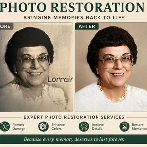 Op de afbeelding: Een voor-en-na-afbeelding die fotorestauratiediensten laat zien. De "voor"-afbeelding is een zwart-witfoto van een vrouw, terwijl de "na"-afbeelding is ingekleurd en verbeterd. Tekst bevat "Fotorestauratie" en "Expert Fotorestauratie Services".