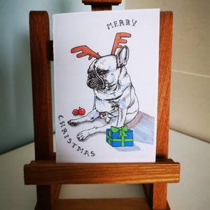 Französische Bulldogge Karte - Rentier Weihnachtskarte - Frenchie Festkarte - Frohe Weihnachten