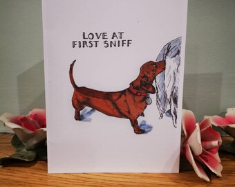 Carte de Valentines de Dachshund - amour à la première carte de reniflement - carte drôle de chien de saucisse - carte humoristique