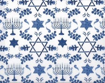 Hanukkah Fabric: A Delft Hanukkah, by the yard or half yard