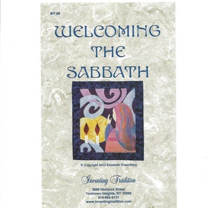 May include: A colorful illustration of a woman welcoming the Sabbath. The image features a woman with long, flowing hair, standing in front of two lit candles. The background is a mix of purple, blue, and yellow colors. The text "Welcoming the Sabbath" is written in blue letters at the top of the image. The text "Inventing Tradition" is written in black letters at the bottom of the image.