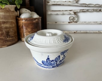 Antique English ironstone butter dish with willow pattern and embossed lid - lidded butter pot - English advertising pot