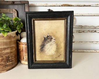Small antique oil painting on canvas cat - antique cat painting - 19th century oil painting cat in black and gilt frame