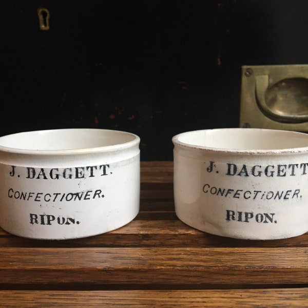 1 Antique ironstone J. Daggett potted meat pot - bloater paste - english advertising pot - J Daggett Confectioner Ripon