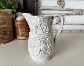 Antique salt glazed ironstone pitcher with emboseed grapevines - ironstone embossed jug - antique jug - antique pitcher