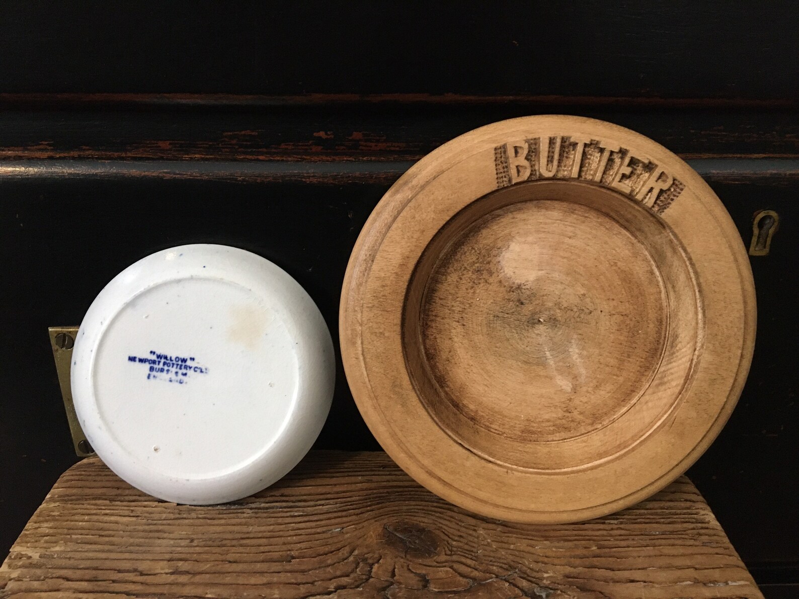 Antique carved wooden butter dish with ceramic willow pattern Etsy
