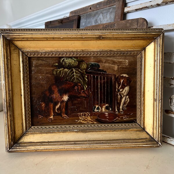 Small antique oil painting of terrier dogs & guinea pigs - Winsor Newton canvas - antique dog painting - dog oil painting