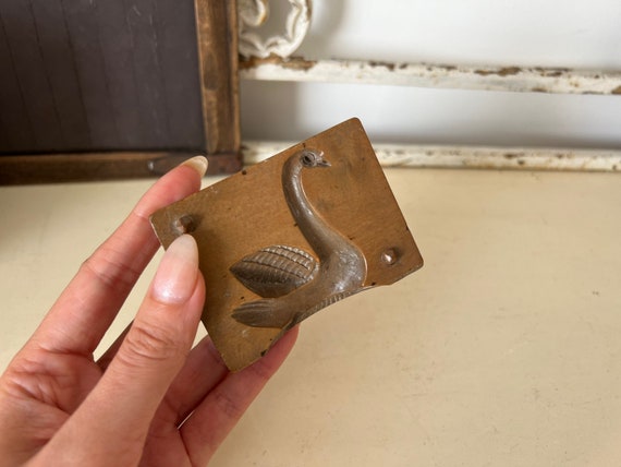 Wood Antique Butter Mold with Swan Carved Design Stamp