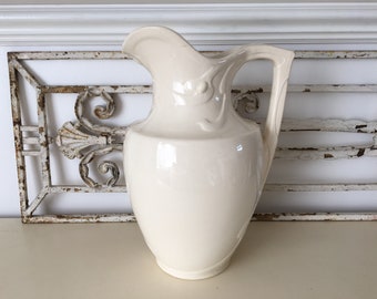 Antique XL off white ironstone pitchers Sarreguemines - cream white ironstone jug - White ceramic jug