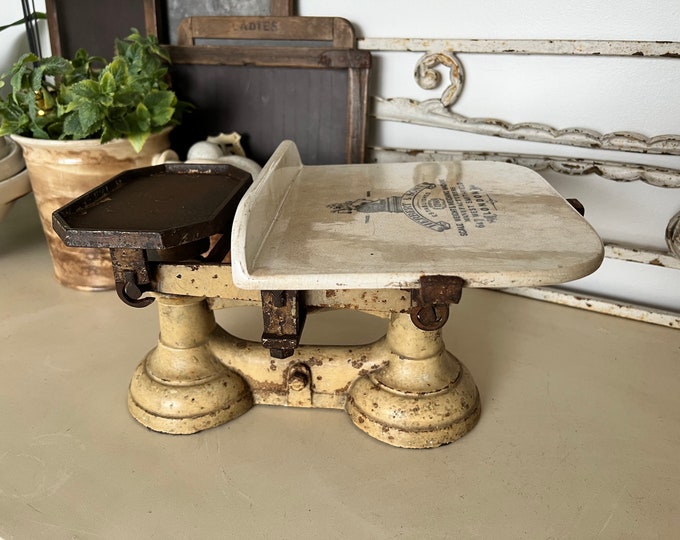 Antique Cast Iron Grocers Scales With Stained Ironstone Plate Herbert