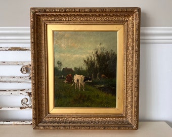 Antique oil painting on canvas of dairy cows - William F. Hulk (1852-1922)