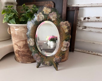 Small antique bevel edged mirror - Naive painted pansies frame