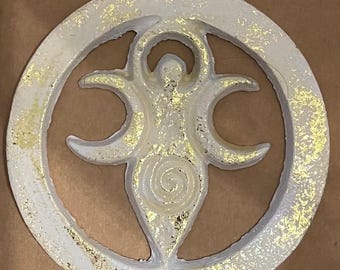 Triple Moon Goddess Altar Tile: Gold & White Metal Wall Hanging (4 Inches)