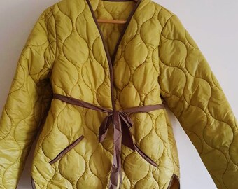 Handmade one of a kind Quilted Olive Green lightweight quilt open jacket UK 12