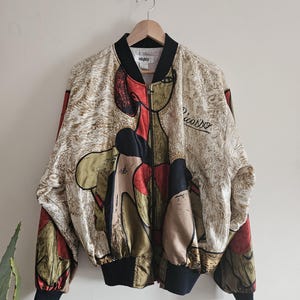 PRISSY VINTAGE Oversized Pablo Picasso abstract art faux silk bomber jacket 8 10 12