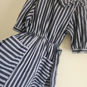 PRISSY VINTAGE blue colour bock contrast stripey polycotton asymmetric button neckline mod dress UK 10