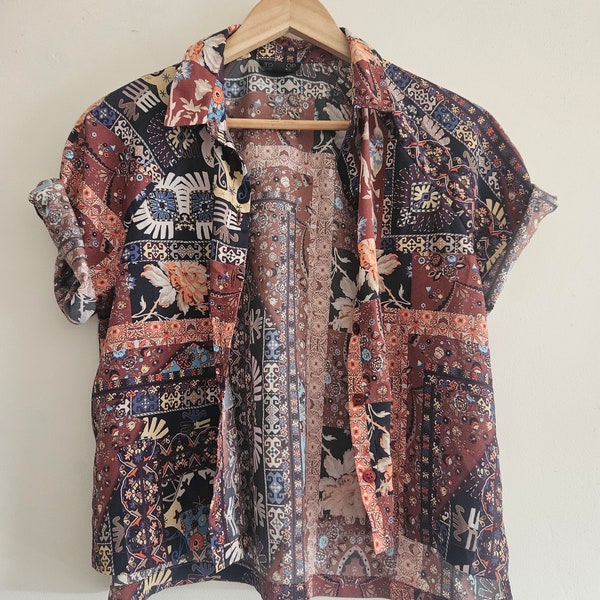 Burgundy retro Topshop vintage paisley floral print silk shirt blouse UK 10