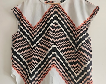 Retro print mod zig zag hippie geometric tunic top blouse UK 12