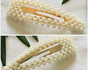 Oversized Large cream white pearl barrette wedding Hair clips grips gold silver