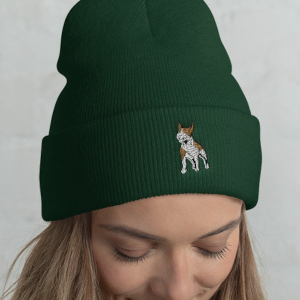 Bull Terrier Embroidered Cuffed Beanie - Standing Guard Watch Dog Hat - Unique Puppy Mans Best Friend Pet Lover Winter Cap Embroidery Gift