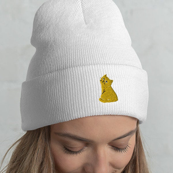 Sassy Yellow Cat Looking Up Embroidered Cuffed Beanie - Funny Annoyed Look Kitten Hat - Unique Mom Dad Pet Lover Winter Cap Embroidery Gift