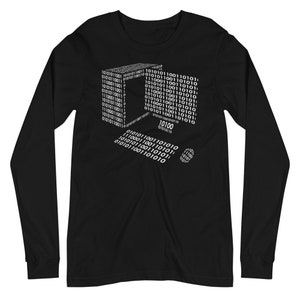 May include: Black long-sleeve t-shirt with a white graphic of a cube made of binary code. The cube is partially obscured by a smaller cube of binary code. The text "10100" is visible on the shirt.