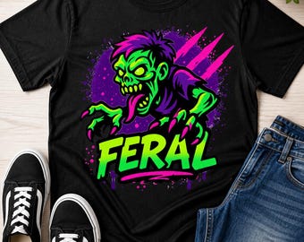 Feral Zombie Neon Monster Graphic Tee, Horror Streetwear Shirt