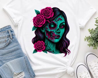 Neon Zombie Girl Shirt, Undead Woman Graphic Tee, Spooky Floral Horror T-Shirt