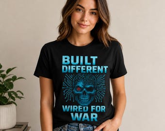 Cyber Skull T-Shirt, Built Different Wired For War Tee, Blue Tech Graphic Shirt