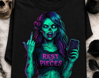 Rest In Pieces Zombie Graphic Tee, Neon Undead Horror Shirt