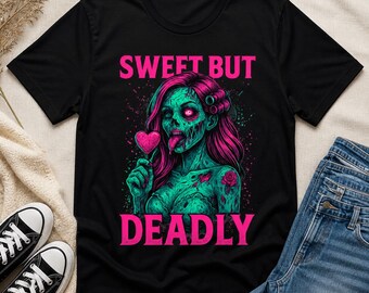Sweet But Deadly Zombie Shirt, Spooky Cute Horror Tee, Neon Zombie Pinup Shirt, Creepy Cute Graphic Tee, Halloween Black T-Shirt
