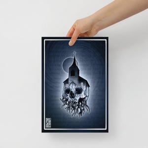 May include: A black and white illustration of a church building on top of a skull with vines growing out of the skull's eye sockets. The background is a dark blue with a swirling pattern.