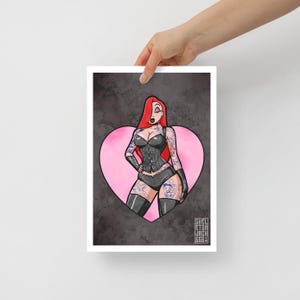 May include: A digital illustration of a cartoon character wearing a black leather corset and thigh-high boots. The character has red hair and is standing in front of a pink heart. The background is a dark grey textured surface. The text "SHEL ETON JACK 6661" is in the bottom right corner.
