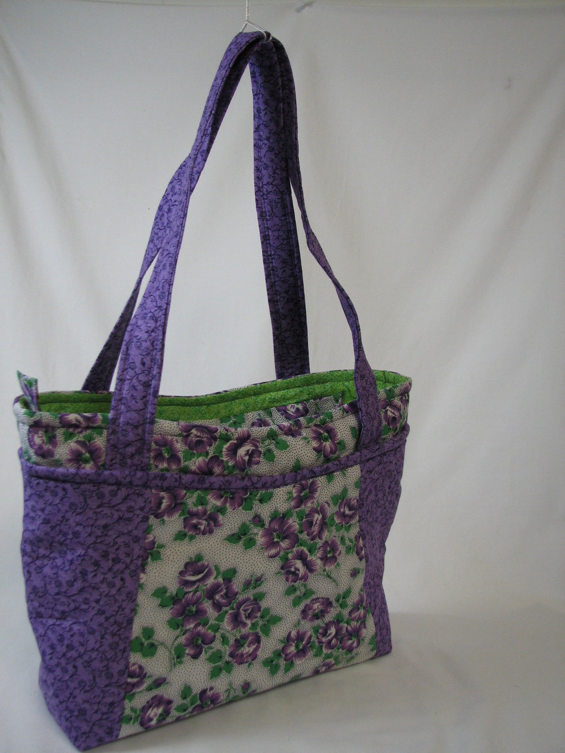 Purple Floral and Green Fabric Handbag Purse Tote Bag With | Etsy