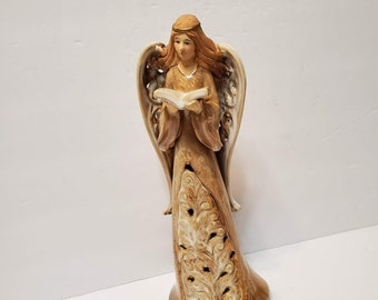 Tall Ceramic Angel Figurine, 12-inch Angel, Luminary Angel, Angel with Book, Pottery Angel, Angel Statue, Angel Candle Holder