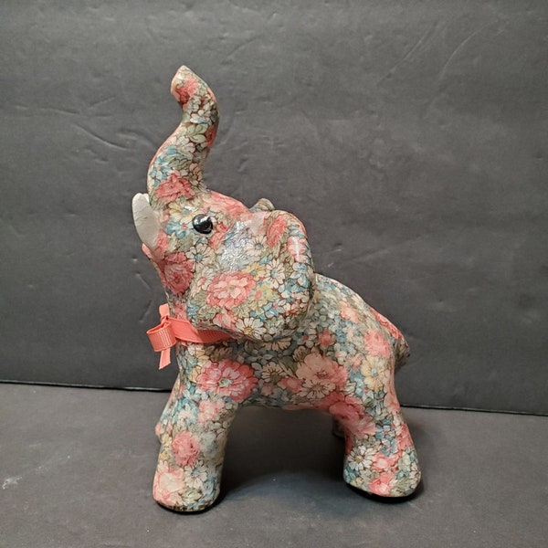 Porcelain Patchworks Floral Decoupage Elephant Figurine, Vintage Pink Joan Baker, Decoupage Elephant, Joan Baker Designs, Animal Figurine