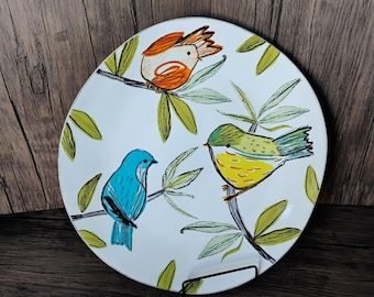 Crate & Barrel Marin Summer Birds Round Serving Platter Chop Plate 12.5" Spring Decor