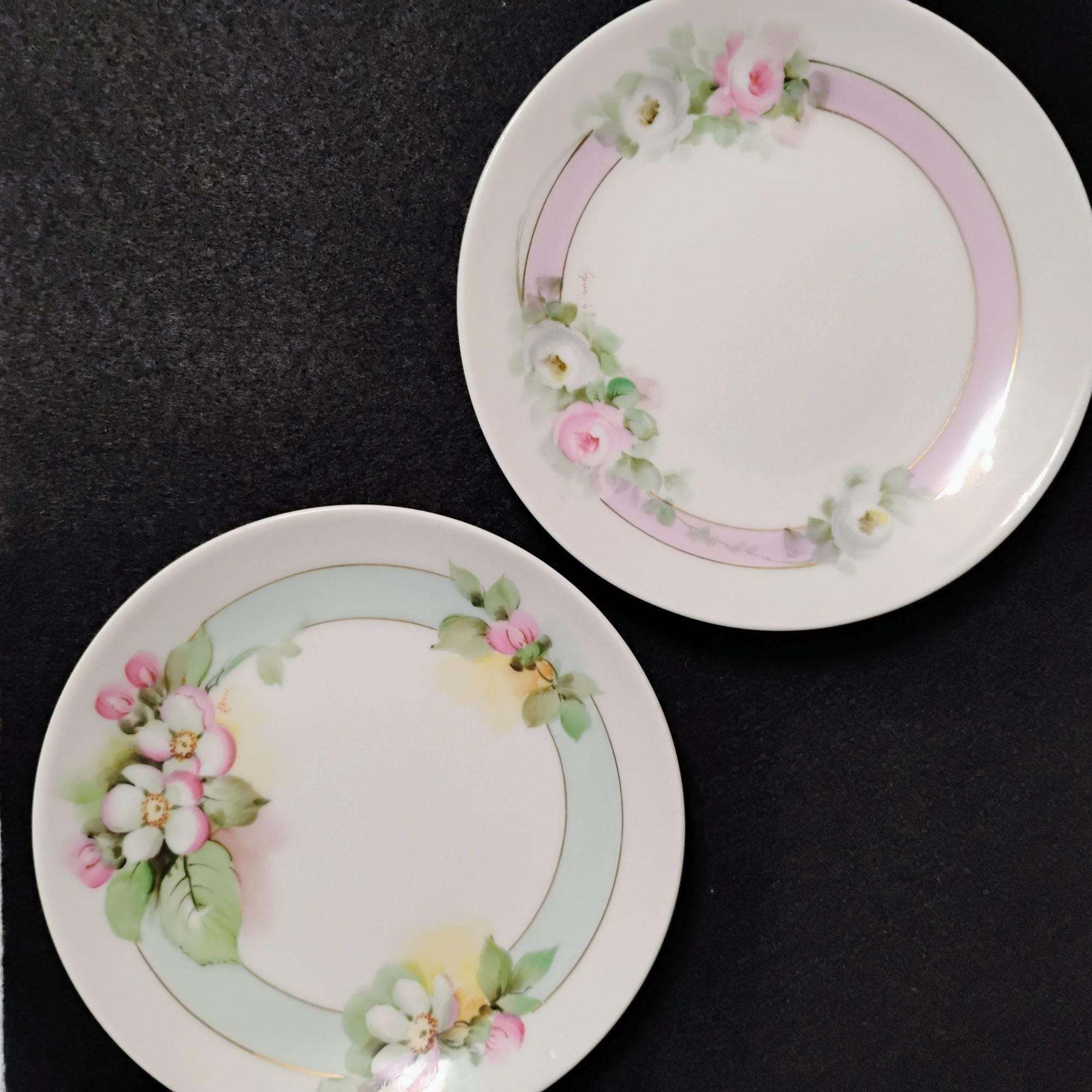 Antique Hand Painted Artist Signed Ginori Floral Plates, Set of 2