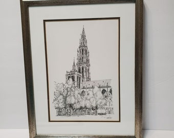 Arte enmarcado, Pluma firmada y tinta de la Catedral de Amberes y los Groenplaats, Bélgica, Grabado, Arte de Bélgica, Dibujo de la Catedral, Arte de la Iglesia