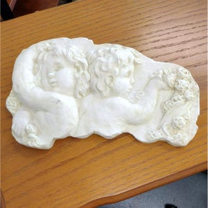 Vintage Twin Angel Cherub Wall Plaque, Hanging Wall Art, 10 inch, Hen-Feathers Plaque, Garden Wall Decor, Cottagecore