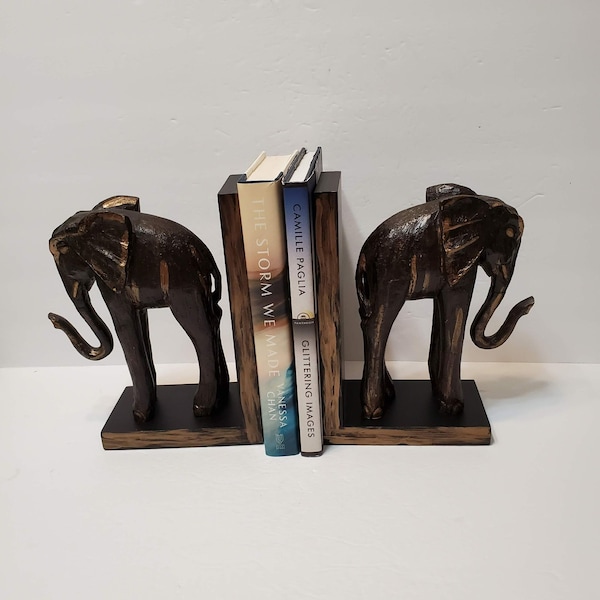 Hand Carved Wooden Elephant Bookends, Set of 2, Brown and Gold, Heavy, Wood Book Ends, Elephant Statue, Wooden Elephant